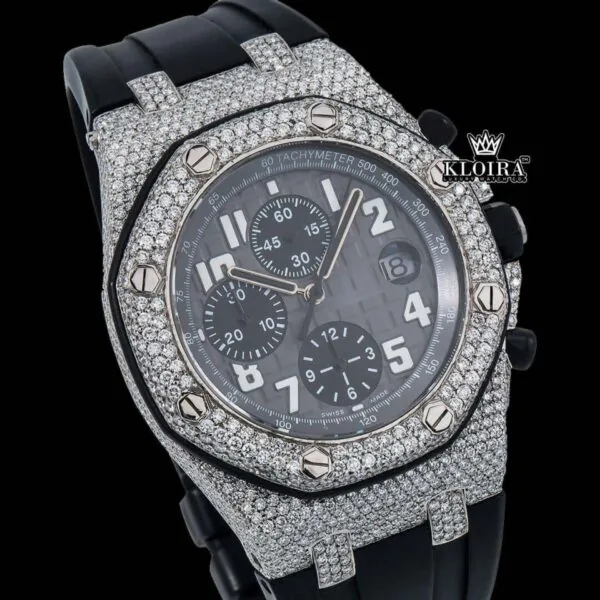Black Dial Black Rubber Strap Semi Iced Out Moissanite Watch Close Up Dial View