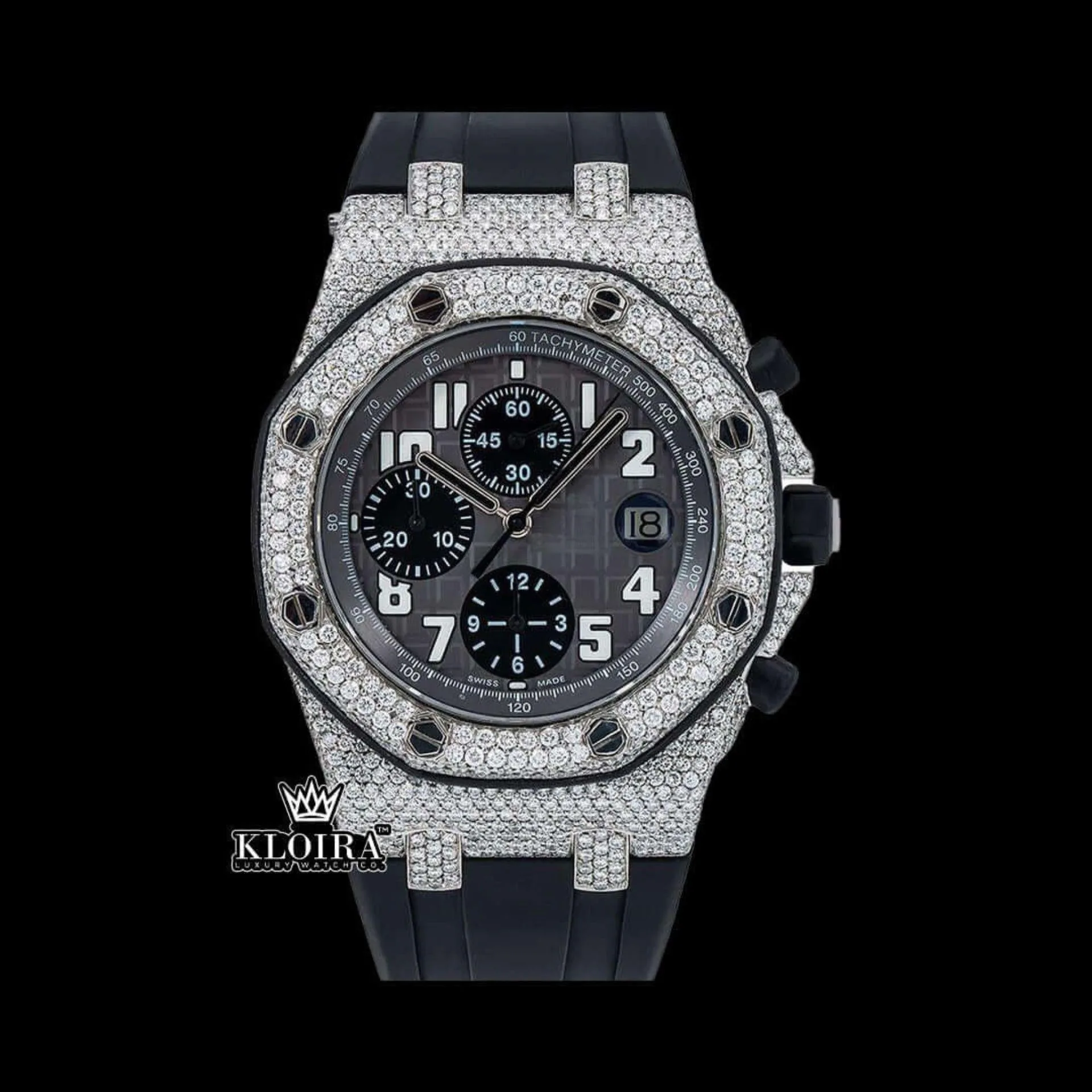 AP Royal Oak Offshore Black Dial Moissanite Watch with black rubber strap and gold accents