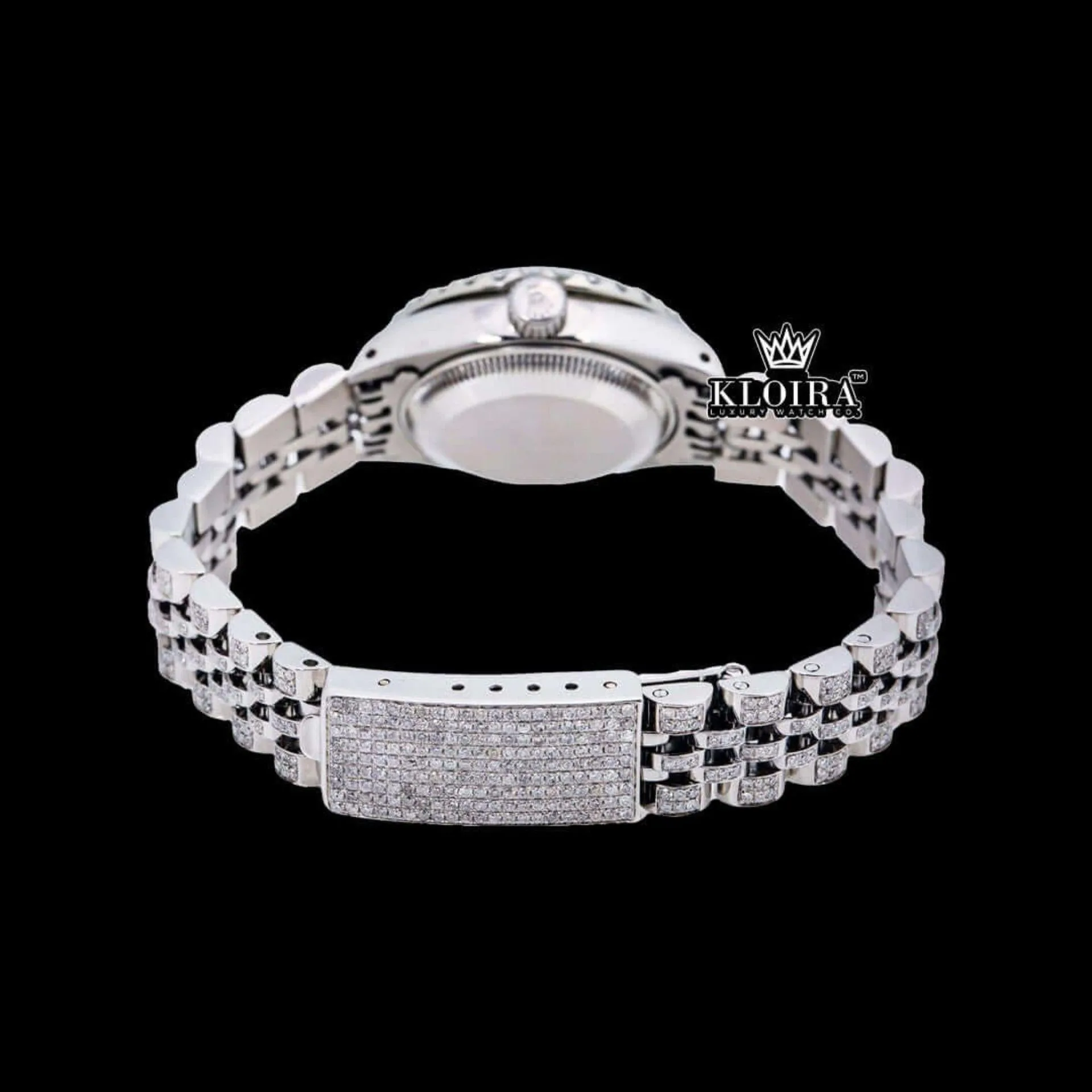 Black Dial Date Display Fully Iced Out Moissanite Diamond Watch Caseback View