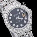 Black Dial Date Display Fully Iced Out Moissanite Diamond Watch Close Up Dial View