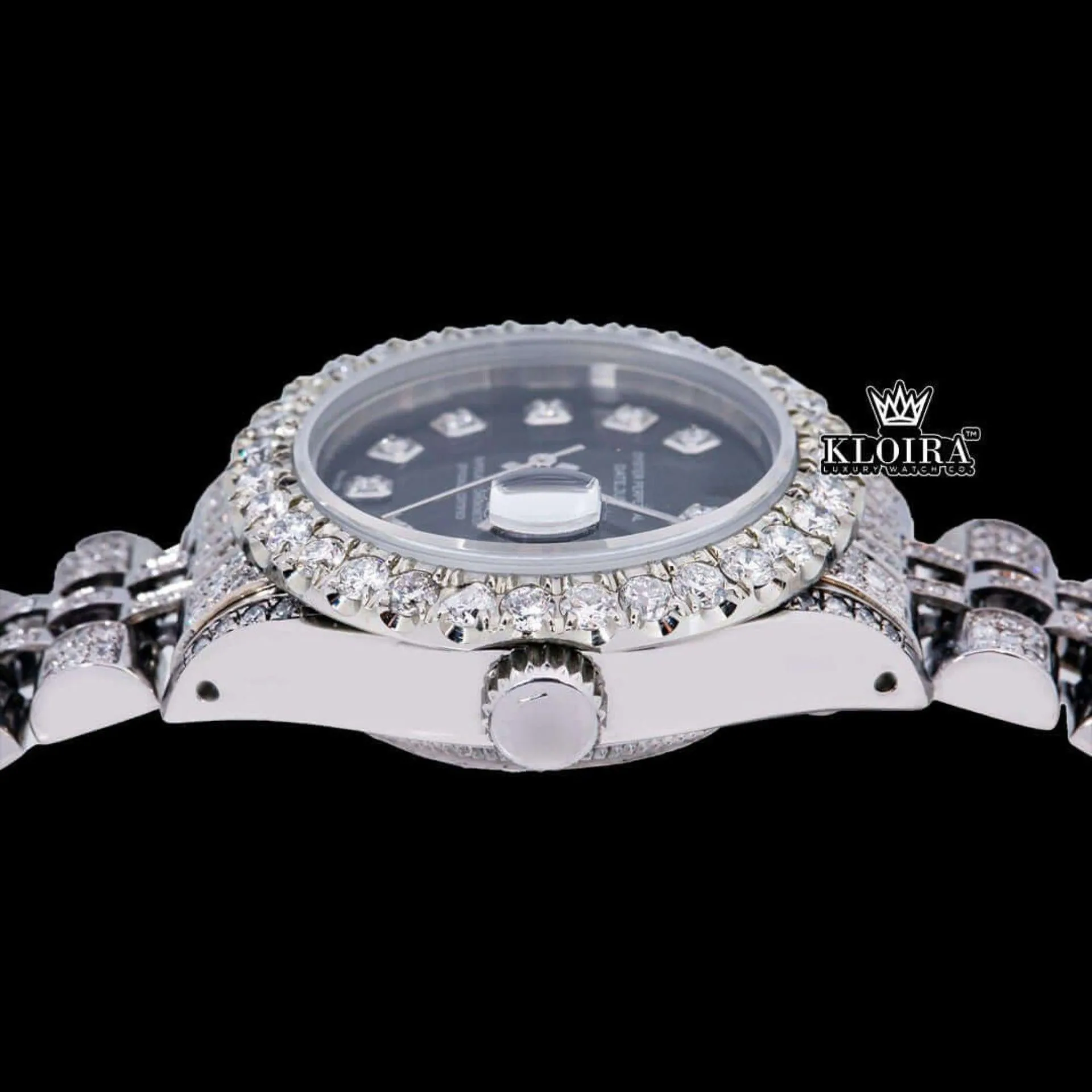 Black Dial Date Display Fully Iced Out Moissanite Diamond Watch Crown View