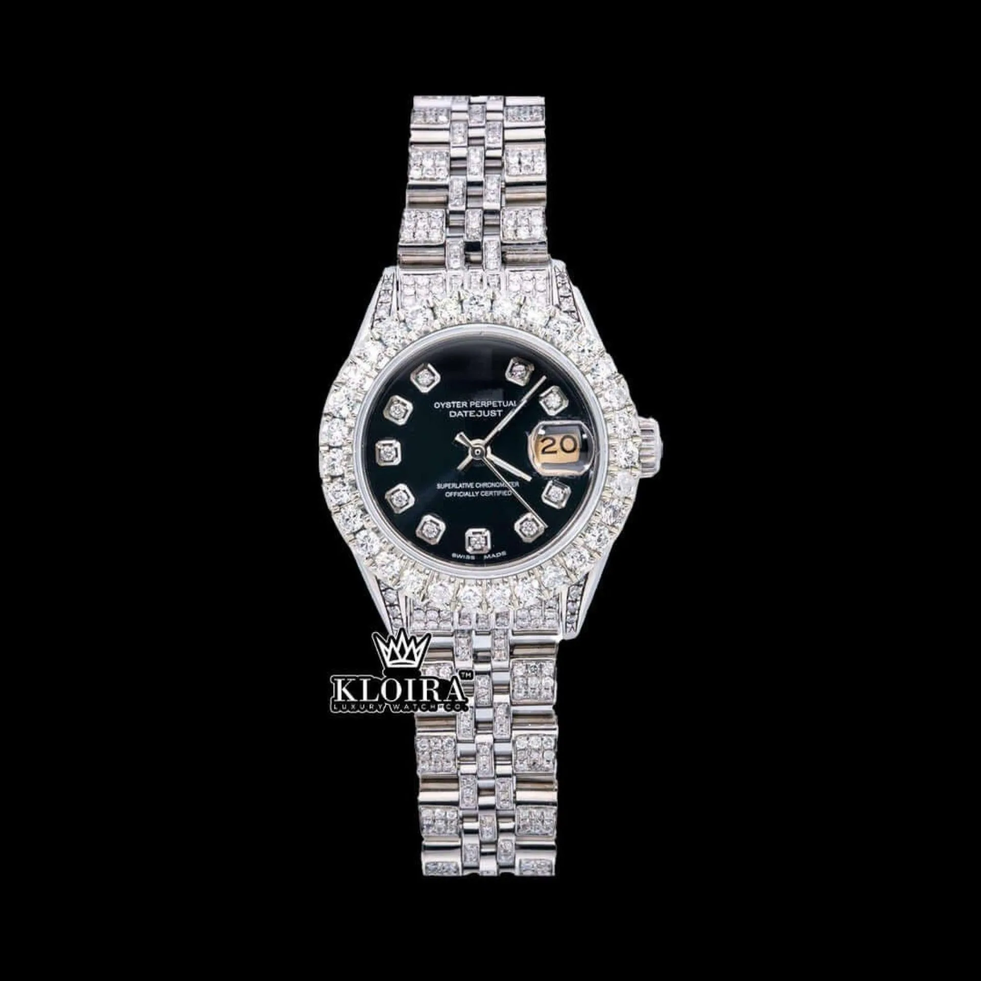 Roles Black Dial Date Display Moissanite Diamond Watch with 14K Gold Plating and Iced Out Design