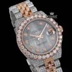 Black Dial Diamond Markers Two Tone Classic Link Strap Moissanite Watch Close Up Dial View