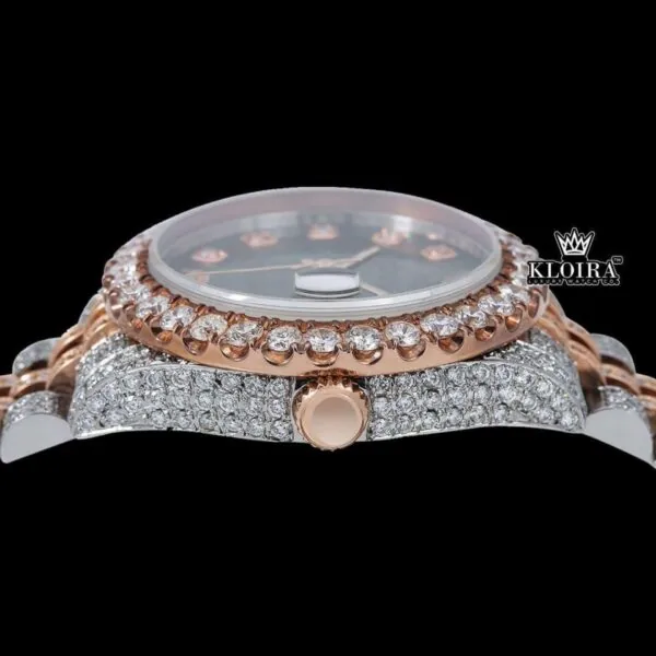 Black Dial Diamond Markers Two Tone Classic Link Strap Moissanite Watch Crown View
