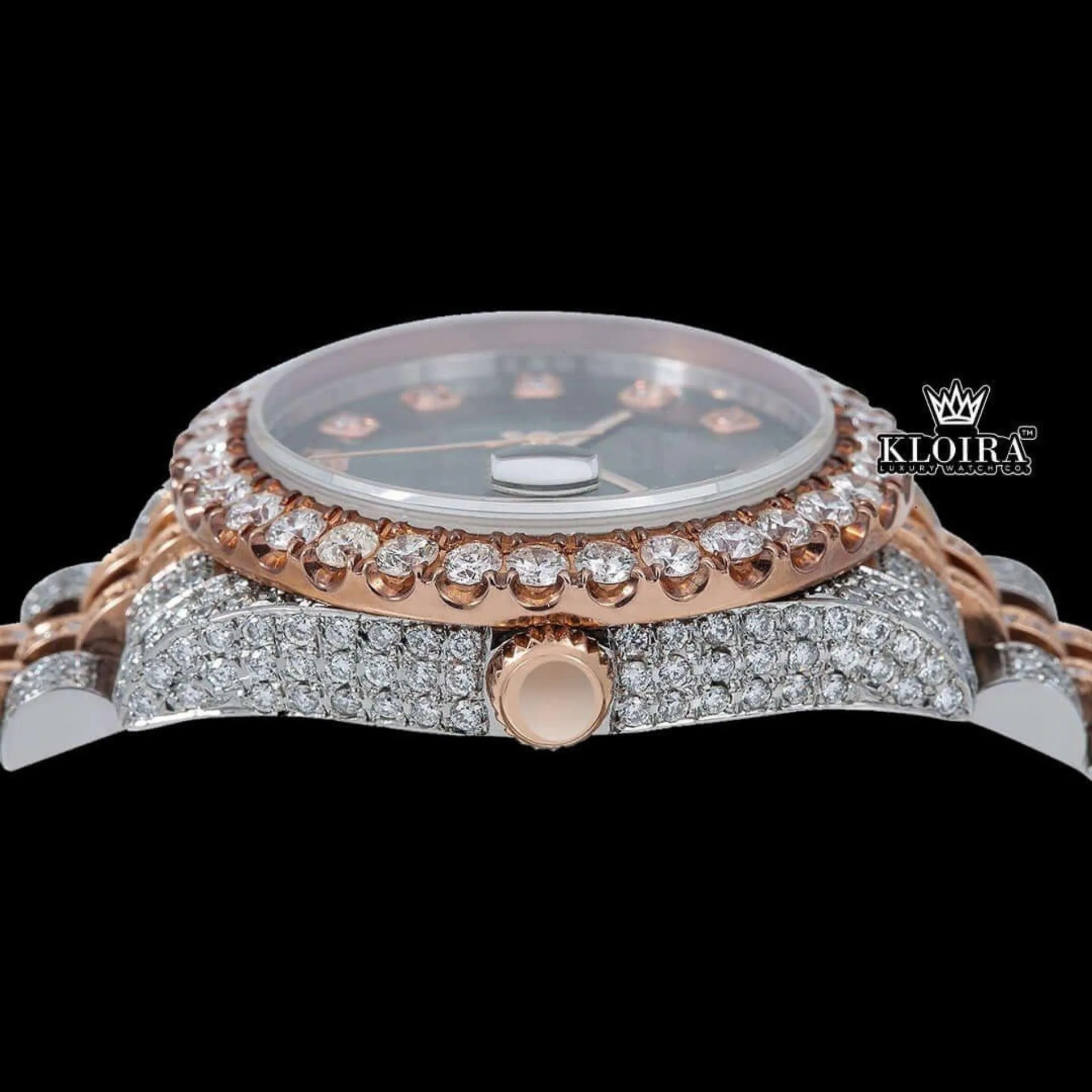 Black Dial Diamond Markers Two Tone Classic Link Strap Moissanite Watch Crown View