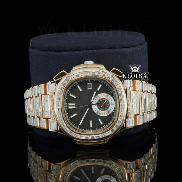 Black Dial Fully Iced Out Baguette Strap Lab Grown Diamond Watch Close Up Front View