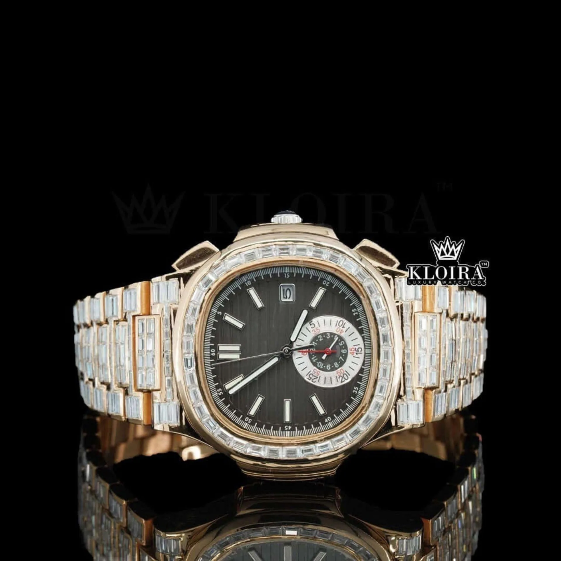 Patik Philippe Nautilus Black Dial Fully Iced Out Watch with Baguette Strap