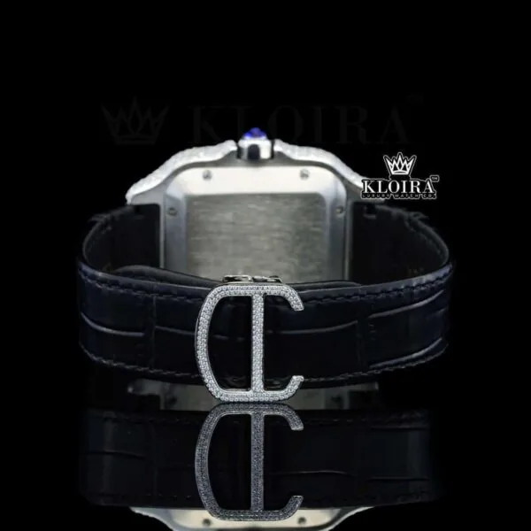 Black Dial Roman Numerals Black Leather Strap Moissanite Diamond Watch Caseback View