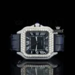 Cartior Santos Moissanite Diamond Watch with Black Dial and Leather Strap