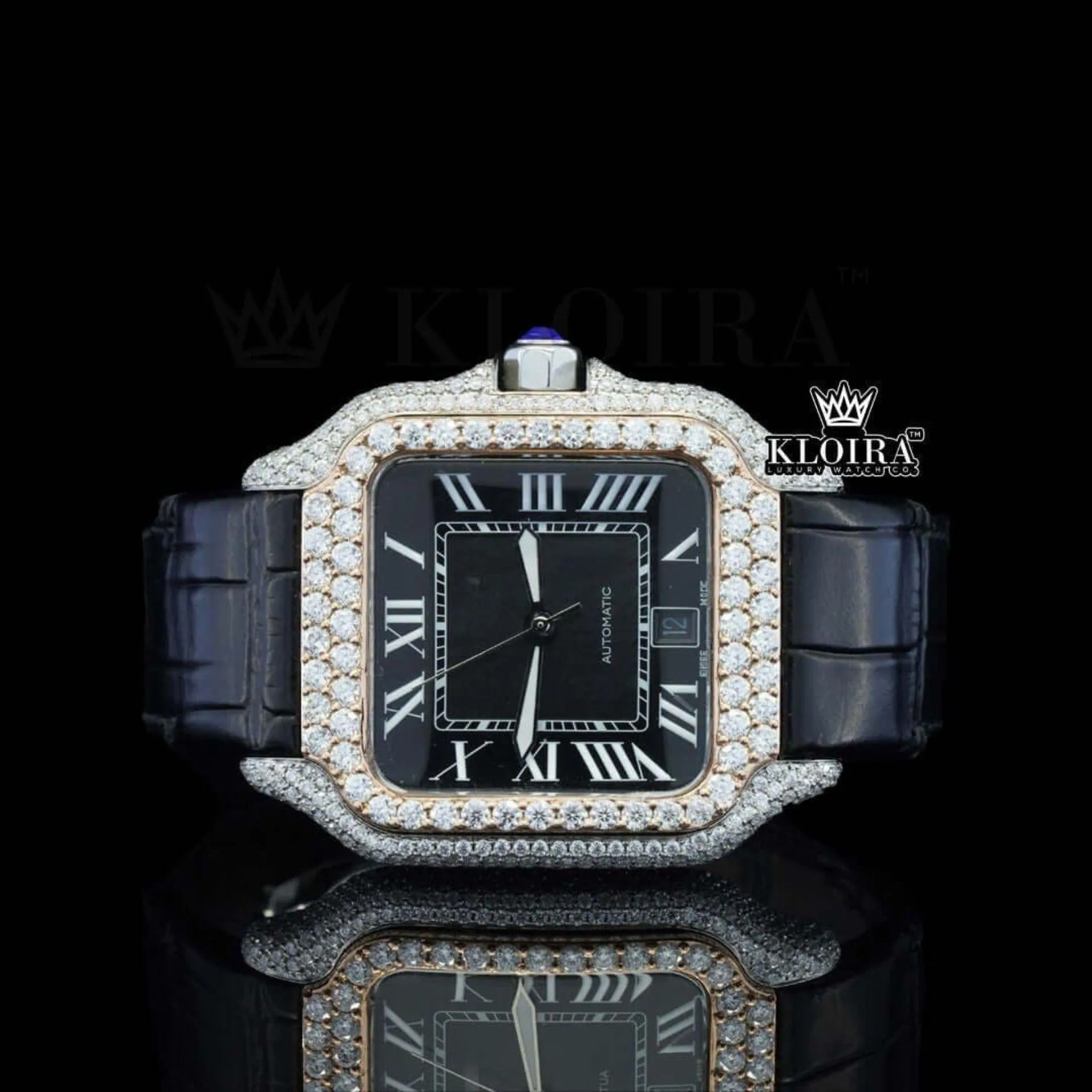 Cartior Santos Moissanite Diamond Watch with Black Dial and Leather Strap
