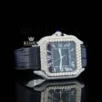 Black Dial Roman Numerals Black Leather Strap Moissanite Diamond Watch Right Profile View