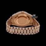 Black Dial Roman Numerals Diamond Link Strap Rose Gold Moissanite Watch Caseback View