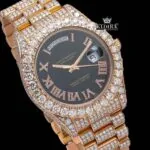 Black Dial Roman Numerals Diamond Link Strap Rose Gold Moissanite Watch Close Up Dial View