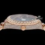 Black Dial Roman Numerals Diamond Link Strap Rose Gold Moissanite Watch Crown View