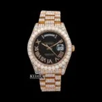 Roles Black Dial Roman Numerals Moissanite Watch with Diamond Bezel front view, showcasing luxury and elegance.