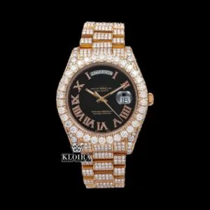 Roles Black Dial Roman Numerals Moissanite Watch with Diamond Bezel