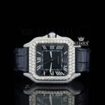 Cartior Santos Black Dial Roman Numerals Moissanite Watch with Leather Strap
