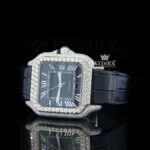 Black Dial Roman Numerals Leather Strap Moissanite Diamond Watch Left Profile View