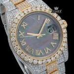 Black Dial Roman Numerals Rose Gold Two tone Moissanite Diamond Watch Close Up Dial View