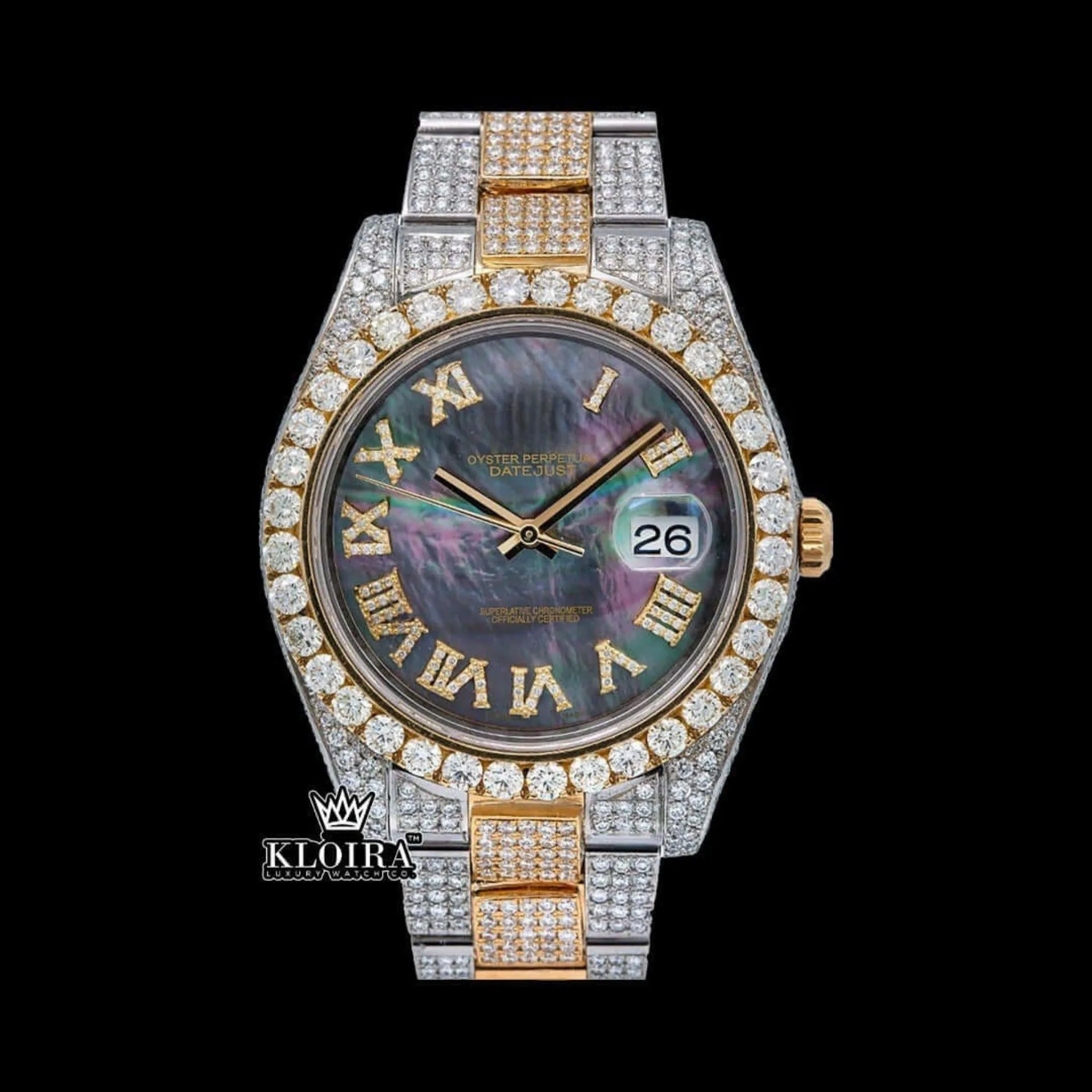 Roles Black Dial Roman Numerals Rose Gold Two-Tone Moissanite Watch Front View