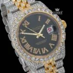 Black Dial Roman Numerals Two Tone Yellow Gold Iced Out Moissanite Watch Close Up Dial View