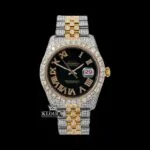 Roles Black Dial Roman Numerals Two Tone Yellow Gold Iced Out Moissanite Watch