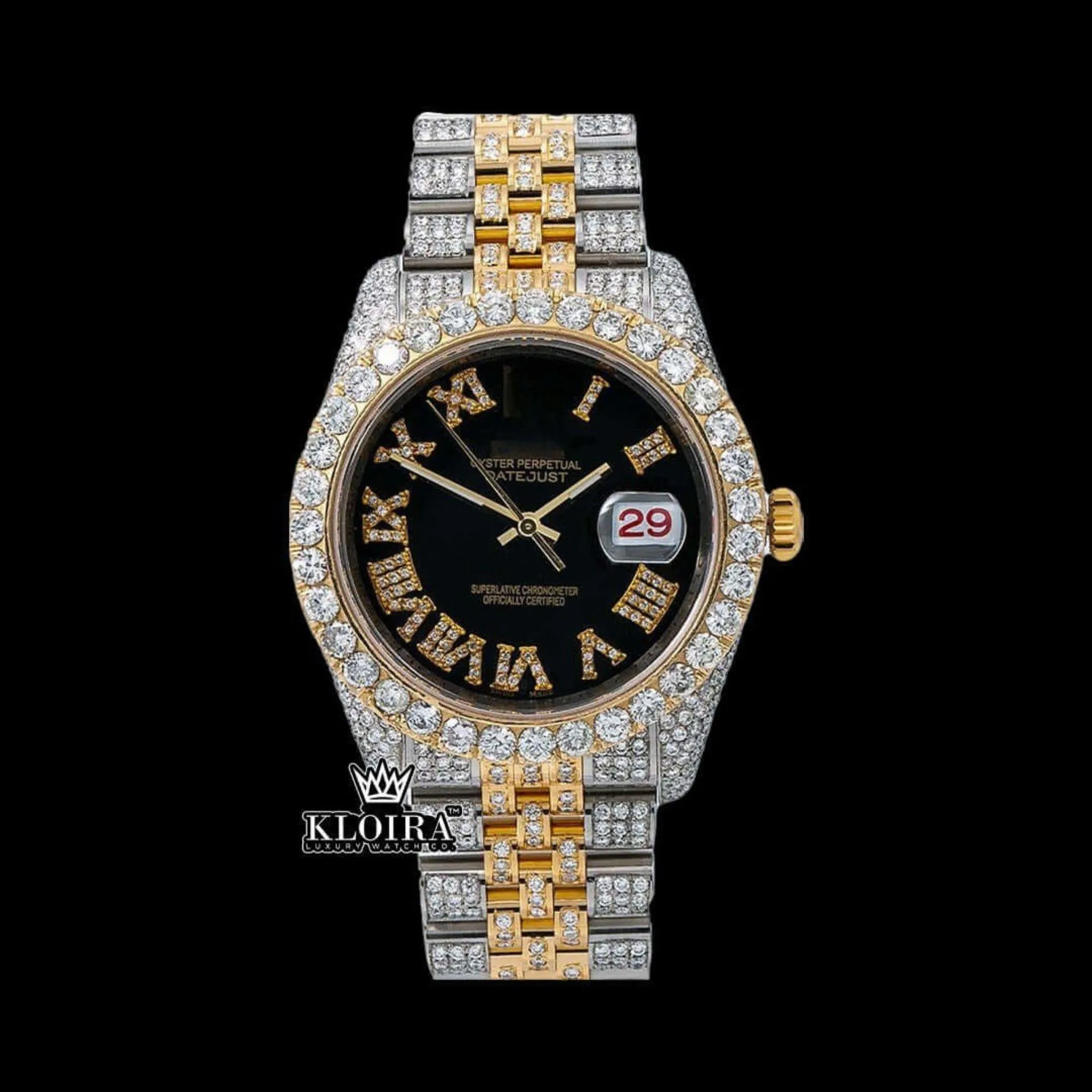 Roles Black Dial Roman Numerals Two Tone Yellow Gold Iced Out Moissanite Watch with a black dial and yellow gold accents