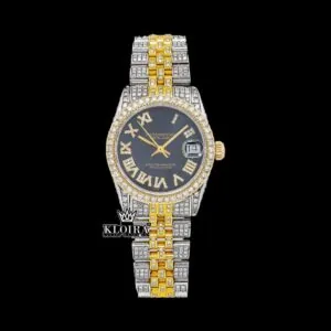 Roles Moissanite Diamond Watch with Black Dial & Yellow Roman Numerals