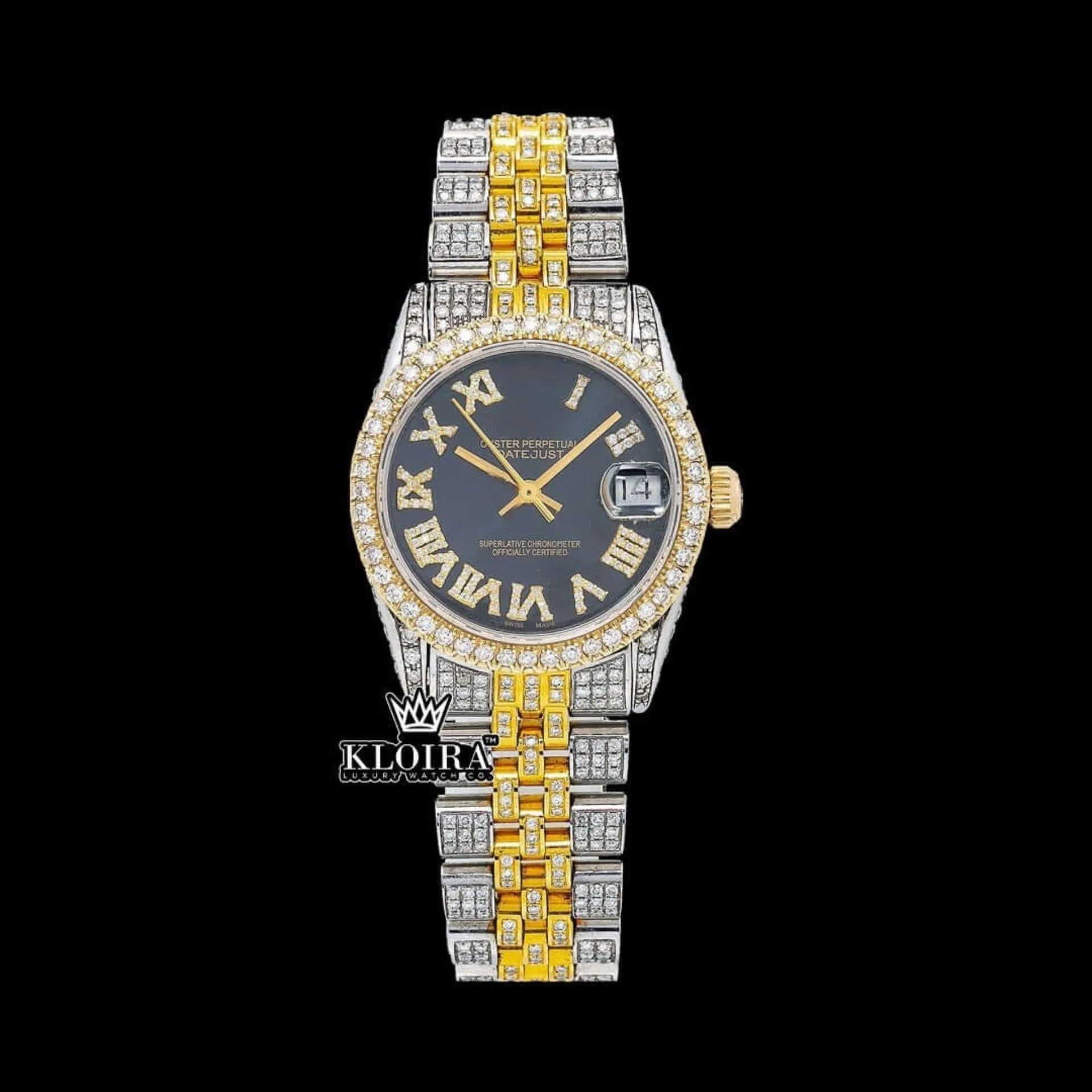 Roles Moissanite Diamond Watch with black dial and yellow Roman numerals