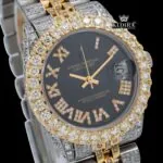 Black Dial Yellow Roman Numerals Two Tone Iced Out Moissanite Diamond Watch Close Up Dial View