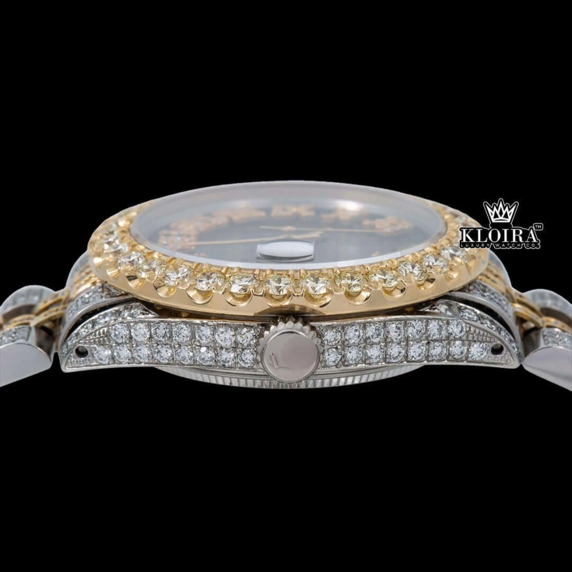 Black Dial Yellow Roman Numerals Two Tone Iced Out Moissanite Diamond Watch Crown View