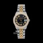 Roles Black Dial Yellow Roman Numerals Two Tone Iced Out Moissanite Watch Front View