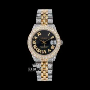 Roles Black Dial Yellow Roman Numerals Two Tone Iced Out Moissanite Watch