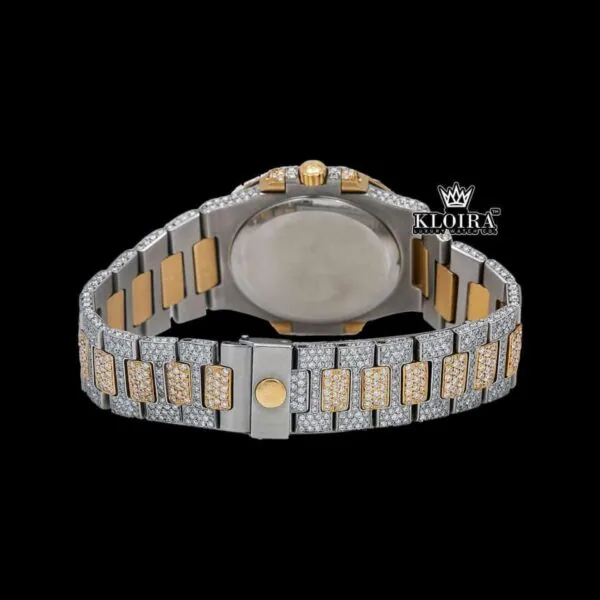 Black Dial Yellow Stick Markers Iced Out Two Tone Moissanite Diamond Watch Caseback View
