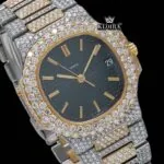 Black Dial Yellow Stick Markers Iced Out Two Tone Moissanite Diamond Watch Close Up Dial View