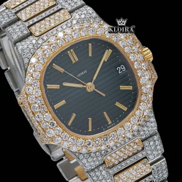 Black Dial Yellow Stick Markers Iced Out Two Tone Moissanite Diamond Watch Close Up Dial View