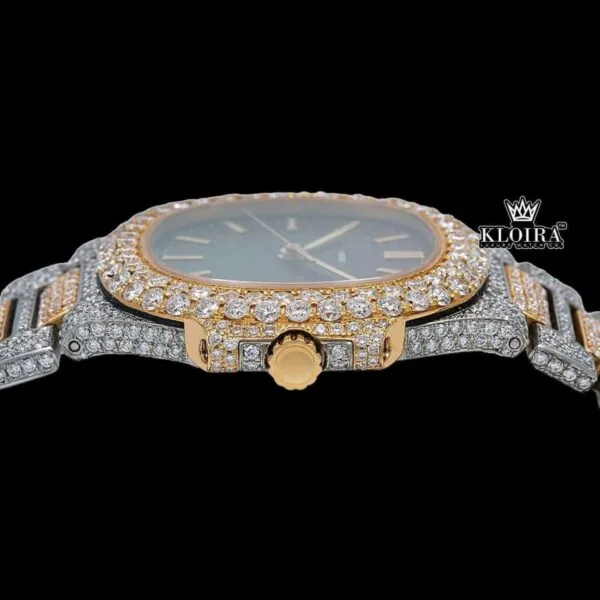 Black Dial Yellow Stick Markers Iced Out Two Tone Moissanite Diamond Watch Crown View