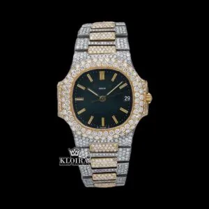 Patik Philippe Moissanite Diamond Watch with Black Dial and Yellow Stick Markers