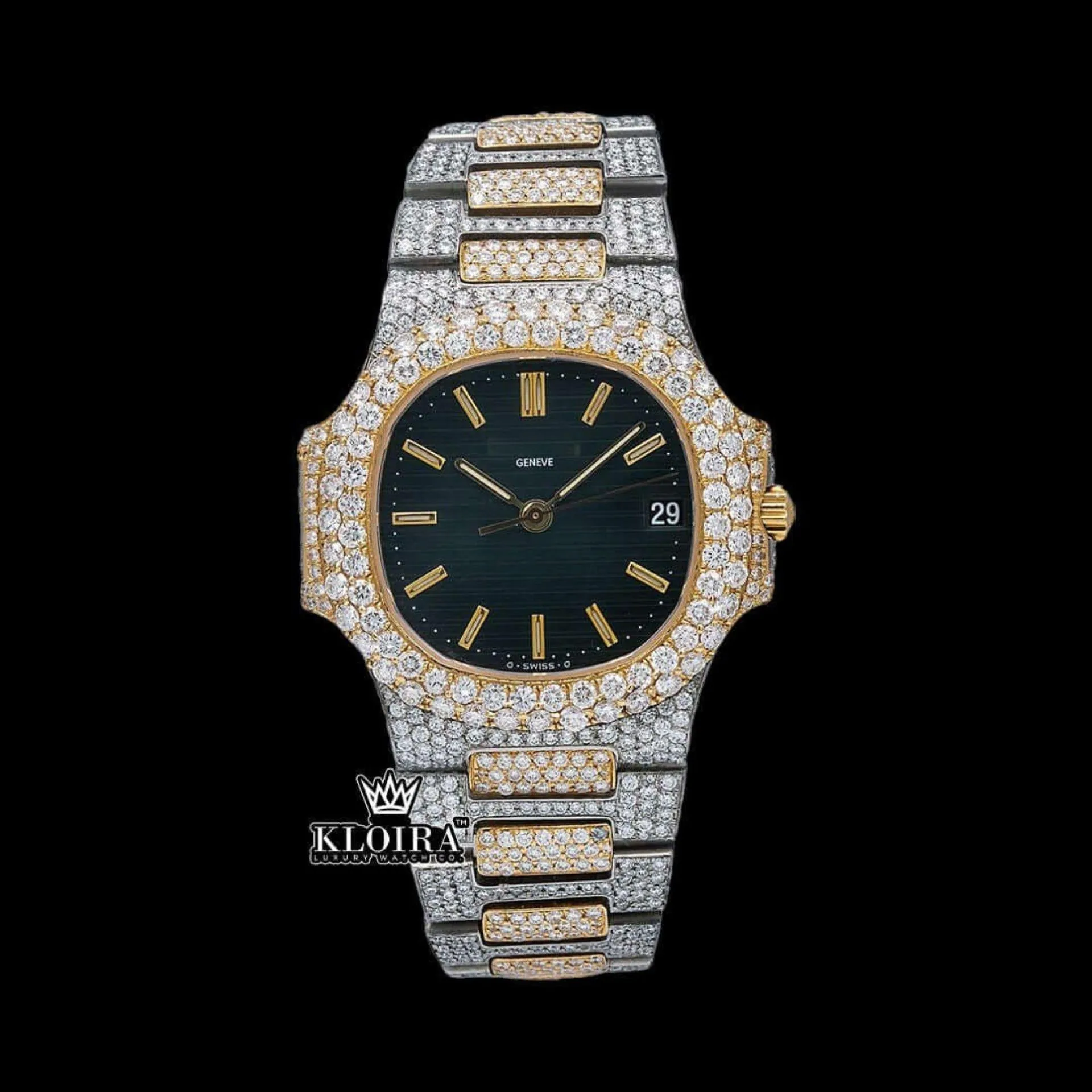 Patik Philippe Moissanite Diamond Watch with Black Dial and Yellow Stick Markers