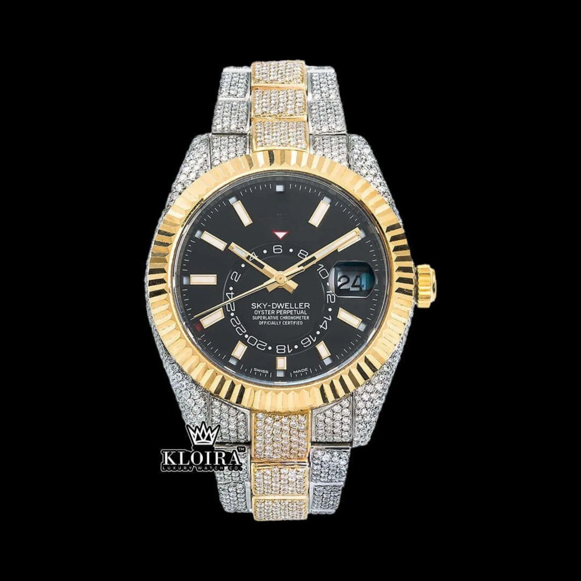 Roles Sky-Dweller Two Tone Yellow Gold Moissanite Watch with Stick Markers