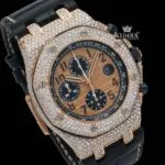 Black Leather Strap Chronograph Yellow Dial Moissanite Diamond Watch Close Up Dial View