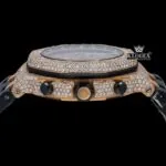 Black Leather Strap Chronograph Yellow Dial Moissanite Diamond Watch Crown View