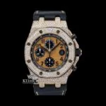 AP Royal Oak Offshore Chronograph Moissanite Watch with Black Leather Strap and Yellow Dial