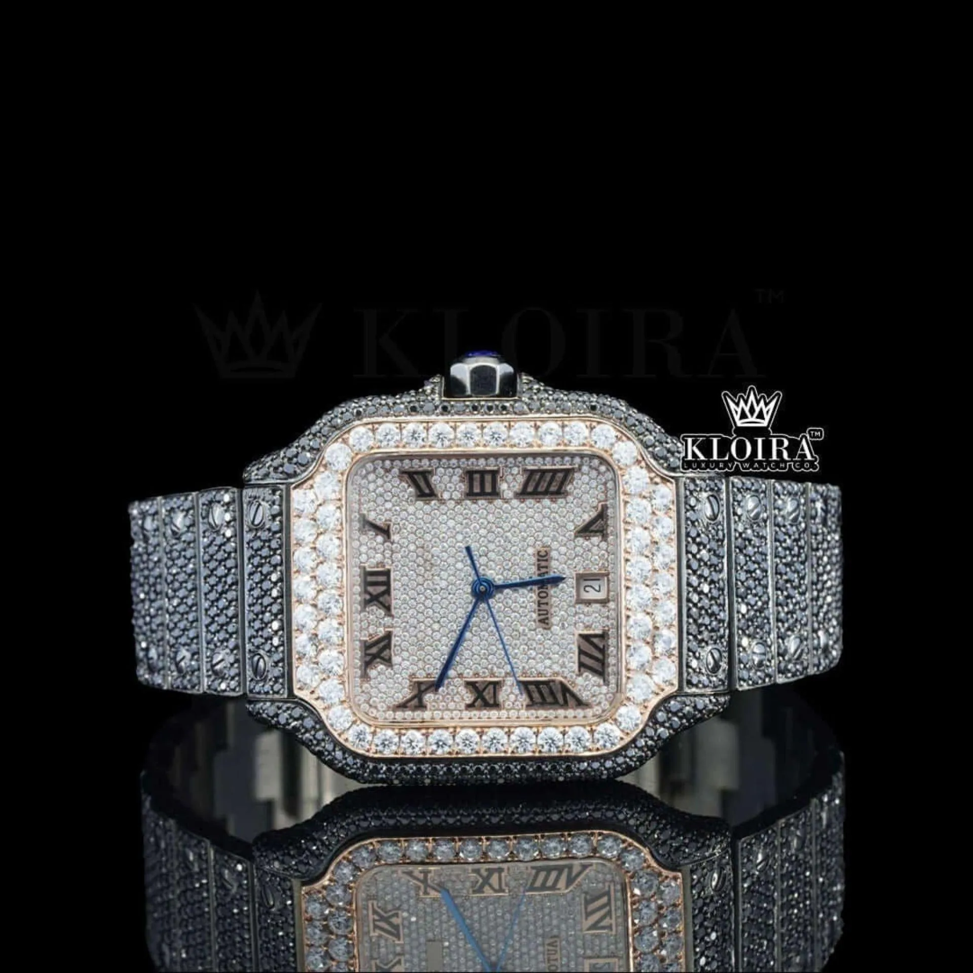 Cartior Black Iced Out Moissanite Watch with White Dial and Roman Numerals