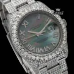 Black Pearl Dial Roman Numerals Fully Iced Out Moissanite Watch Close Up Dial View