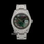 Roles Black Pearl Dial Roman Numerals Fully Iced Out Moissanite Watch Front View