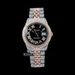 Roles Black Roman Dial Two Tone Moissanite Watch with Diamond Bezel