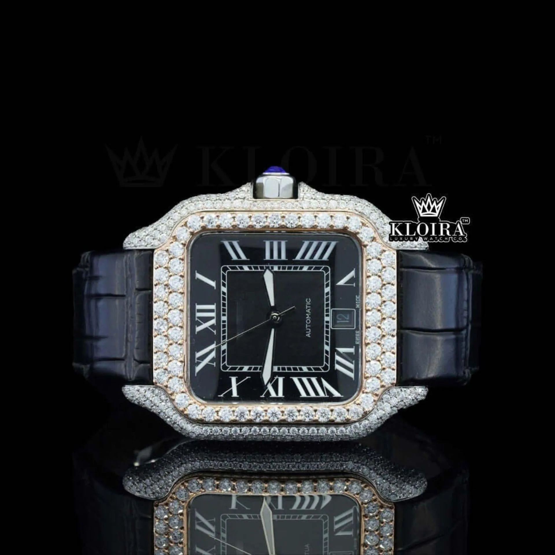Cartior Automatic Tourbillon Watch with Black Roman Dial and Natural Diamonds
