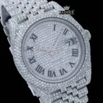Black Roman Numeral Full Iced Out White Dial Moissanite Diamond Watch Close Up Dial View