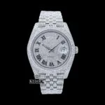 Roles Black Roman Numeral Full Iced Out Moissanite Watch with White Dial and Gold Plating